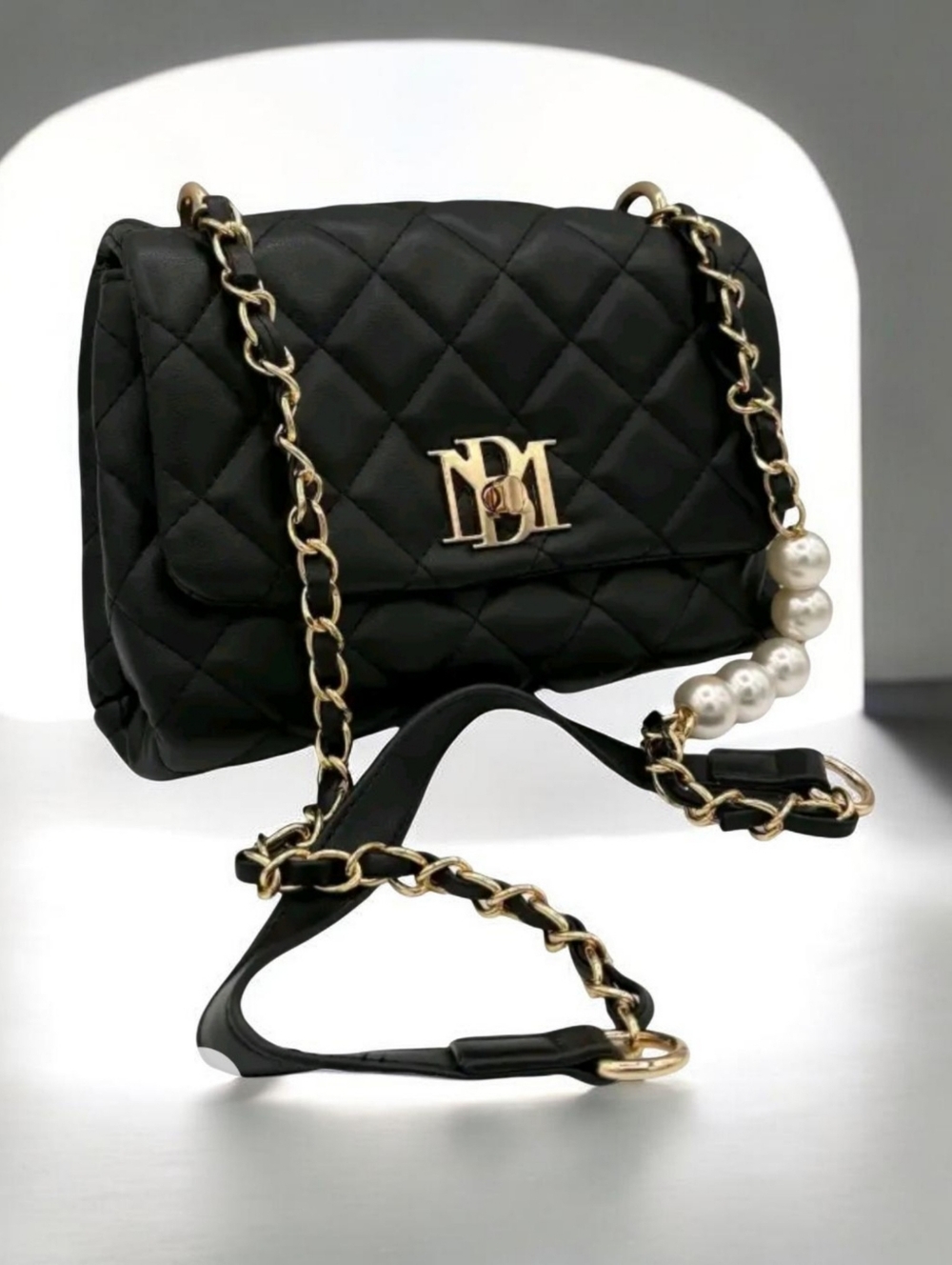 Badgley Mischka Black Quilted Crossbody with Gold Chain & Pearl Detail - Picture 4 of 4